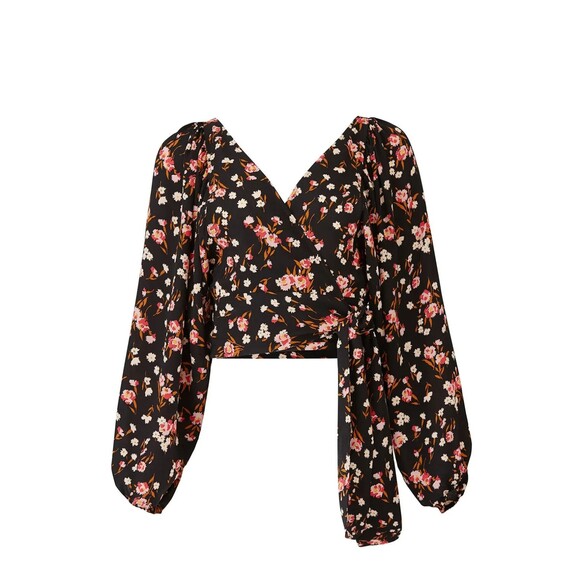 A.L.C. Carla Floral 100% Silk Wrap Floral Black Pink Ruffle Cuffs Blouse Size S - Picture 2 of 16